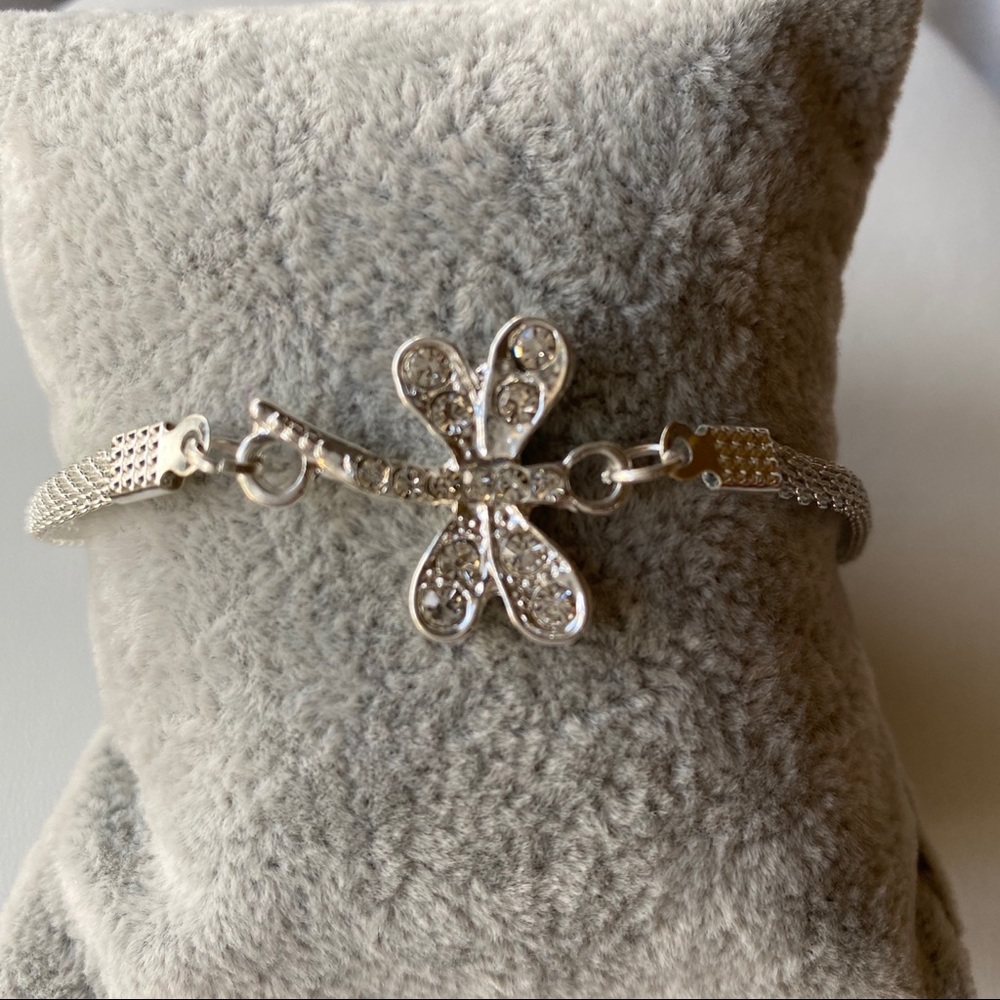 SILVER TONE DRAGONFLY BRACELET w/ CLEAR GEMSTONES